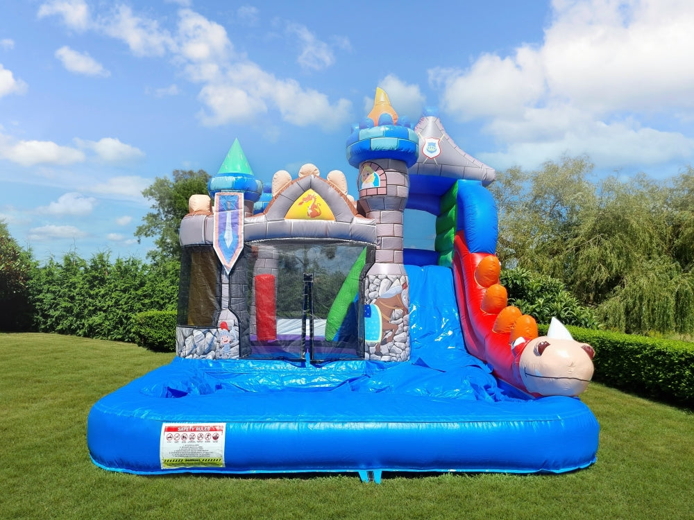 Happy Hydrosaur Inflatable Castle on grass